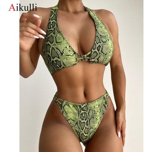 New Snake Print Swimwear Womens Bikinis 2021 Mujer Sexy Halter Backless Swimsuits Push up Bikini set Summer Women Bathing Suits