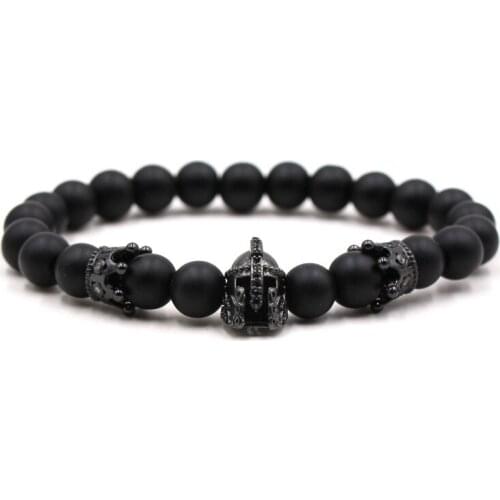 Charm Matte Black 8mm Natural stone bead Bracelets Pave CZ Knight helmet bracelet for Men&Women charm Handmade Jewelry Gift 2020