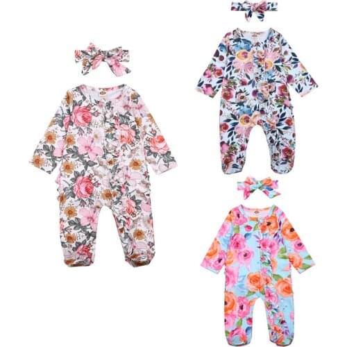 FOCUSNORM Autumn Newborn Baby Girls Boys Footie Flowers Print Long Sleeve Ruffles Jumpsuits 3 Colors 0-12M