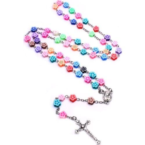 QIGO Rose Polymer clay Catholic Rosary Necklace Metal Long Cross necklace Religious Pray Jewelry