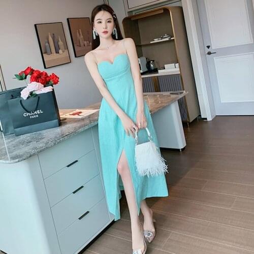 Fashion Korean Vintage Sexy Strap Sleeveless Midi Party Dress Ladies Elegant Robe Coffee Break Casual Folds Split Beach Dress