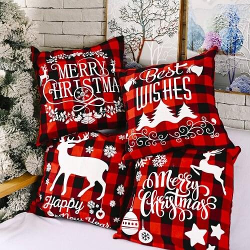 Christmas Linen Red Plaid Pillowcase Merry Christmas Cushion Cover Decor For Home Elk Ornament Xmas Gifts Navidad New Year 2022