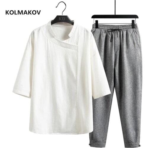 Shirt + trousers) summer men shirt Cotton and linen shirts half sleeve mens casual shirts men A set of clothes M-5XL TZ02