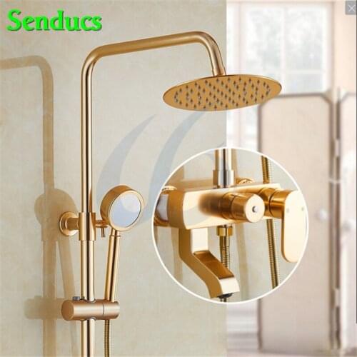 Senducs Space Aluminum Shower Set Round Top Shower Bathroom Faucet with High Quality Brass Gold Bathroom Shower System