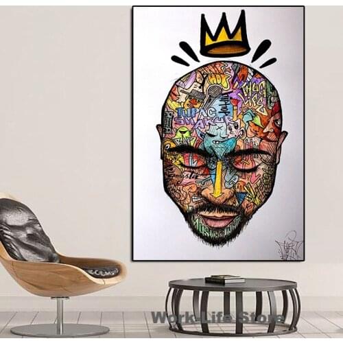 Tupac With Crown Music King Canvas Painting Wall Art Poster and Prints Graffiti Picture 2PAC Tattoo Cartoon Art For Home Decor