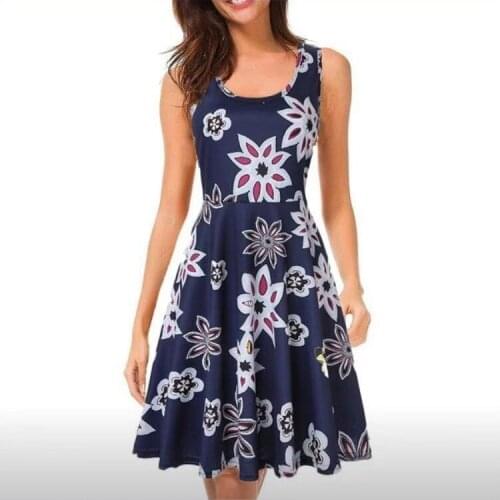 Womens round neck sleeveless slimming waist waistband printed cotton and linen series casual and comfortable mini skirt