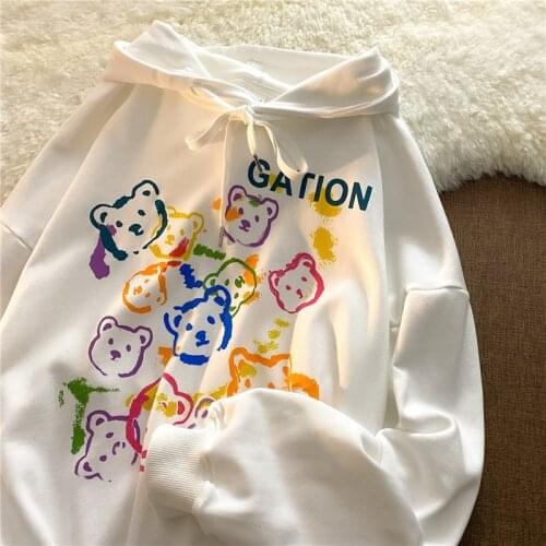 2021 Women Girl Long Sleeve Hoodie Sweathirt Coat Casual Fashion Bear Printed