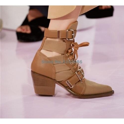 Denim PU Patchwork Buckle Motorcycle Ankle Boots Pointed Toe Punk Women Cool Style Boots White Blue Nude Chunky Heel Lady Shoes