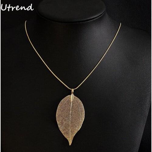 Utrend Vintage Metal Leaves Statement Necklace For Women Weater Chain Necklaces & Pendants Jewelry Gold Colar For Gift Party