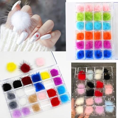 24Pcs/Box Pompom Flush Plush Ball 3D Nail Art (18pcs Pompom+150pcs Rhinestones)Jewelry Detachable Magnet Fashion Fluffy ball*5mo