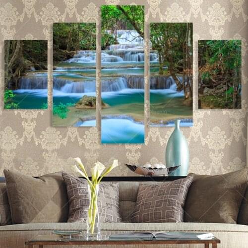 5 Panel Modern Prints Forest River Painting Pictures Cuadros Canvas Art Landscape Paintings For Living Room Unframed PR1045