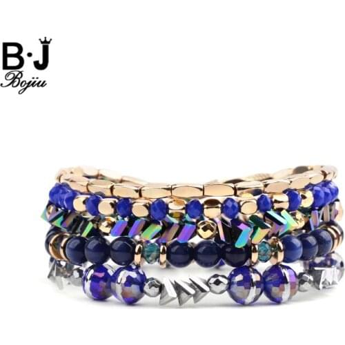 5 Pcs/Set Bohemia Womens Bracelets Sets Jewelry Geometric Crystal Blue Cat Eye Stone Gold Hematite Statement Bracelets BCSET261