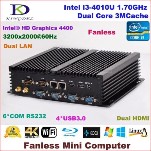 Fanless mini itx computer Intel Core i3 4010U mini desktop pc, 2 HDMI 2 Gigabit LAN 6 COM RS232, WiFi,Windows 10 NC310