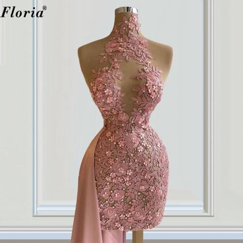 Elegant Pink Lace Mermaid Prom Dresses 2021 Pearls Sleeveless Sexy Cocktail Party Dresses Evening Wear Women Celebrity Gowns