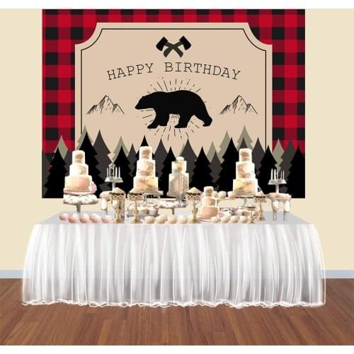 Lumberjack 1st Birthday Backdrop Boys Red Black Buffalo Plaid Camping Adventure Tribal Party Event Table Decor Banner Background