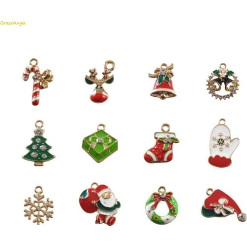 GraceAngie 12PCS Multi Colorful Shinning Christmas Pendant Charms Sock Snowflake Santa Claus Bell Elk Shape Jewelry Fingings