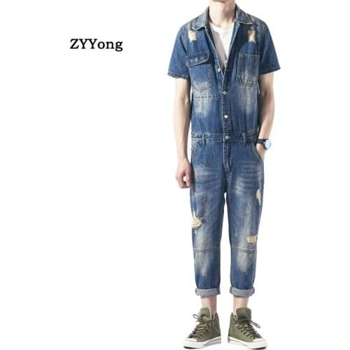 ZYYong Summer Short-Sleeved Mens Hole Denim Jumpsuit Hip-Hop Casual Comfortable Mens Pants Streetwear Mens Denim Overalls