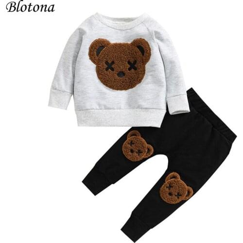 Blotona Cute Kids Boys Cartoon Bear 2Pcs Set Spring Fall Long Sleeve O-Neck Pullover Sweatshirt Top and Elastic Waist Pants 1-5Y