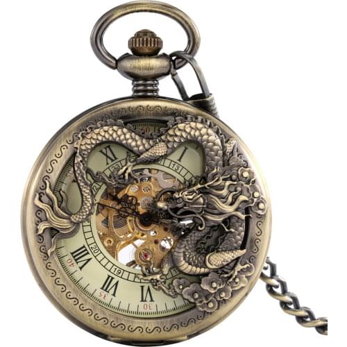 Antique Bronze Dragon Mechanical Pocket Watch Skeleton Hand-Wind Flip Clock Steampunk Fob Watches with Chain Gift for Men Women