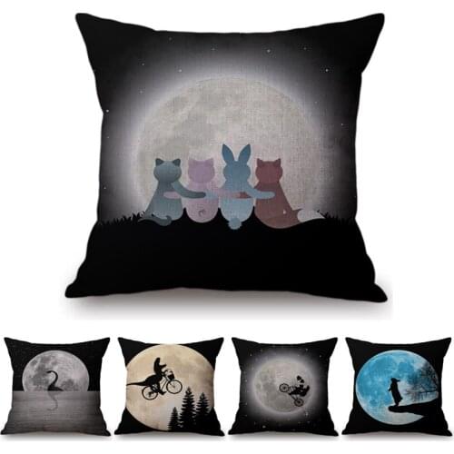 Cute Cartoon Cushion Cover Rabbit Fox Dinosaur Animal Dreams Sky Moon Pattern Cotton Linen Home Decoration Throw Pillow Cover