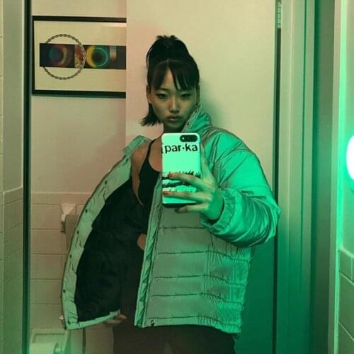 Fashion Reflective Warm Thick Cotton Coats Women Zipper With Button Solid Color Casual Jacket Long Sleeve Pocket Loose Outwear