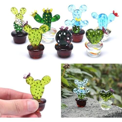 Handmade Heart-Shaped Murano Glass Cactus Figurines Desktop Craft Ornament Creative Colorful Cute Miniature Plant For Home Decor