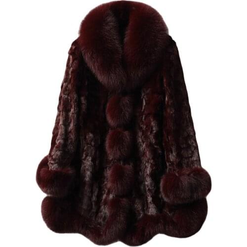 New Slim Mink Fur Patchwork Natural Fox Fur Long Sleeves Coat Women Winter Mink Jacket Burgundy Thick Warm Popular Clothes