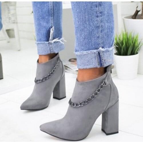 Sexy Women Ankle Boots Chelsea Short Boots Metal Chain Decoration Pumps Ladies Pointed Toe High Heels Zipper Suede Leather Shoes