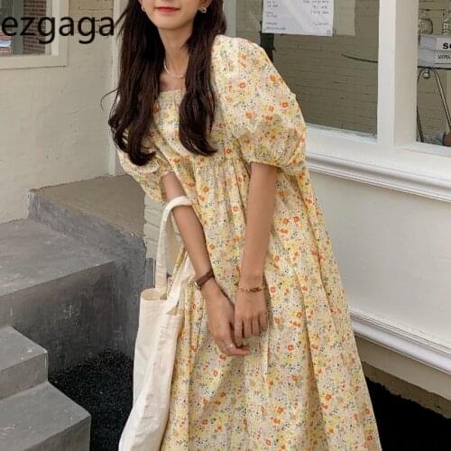 Ezgaga Women Dress 2021 Summer Korean Chic Floral Printed Square Collar Loose Vintage Gentle Fashion Puff Sleeve Vestido