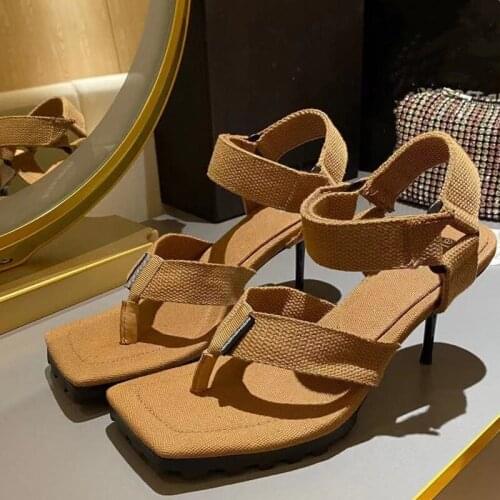 Nylon New Design Womens Sandals Sexy High Thin Heels Square Toe Flip Flops Fashion Summer Designer Luxury Brand Shoes for Women