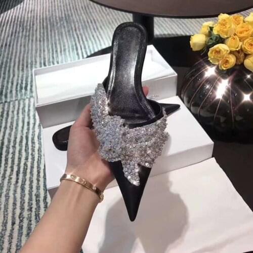 Rhinestone Slippers Women Summer Pointed Toe Slides Mules Shoes Women Flats Sandalias Mujer Casual Ladies Shoes Zapatos De Mujer
