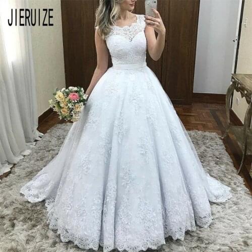 JIERUIZE Modern Lace Ball Gown Wedding Dresses Scoop Neck Sleeveless Button Back Bow Bride Dress Bridal Gowns vestidos de noiva