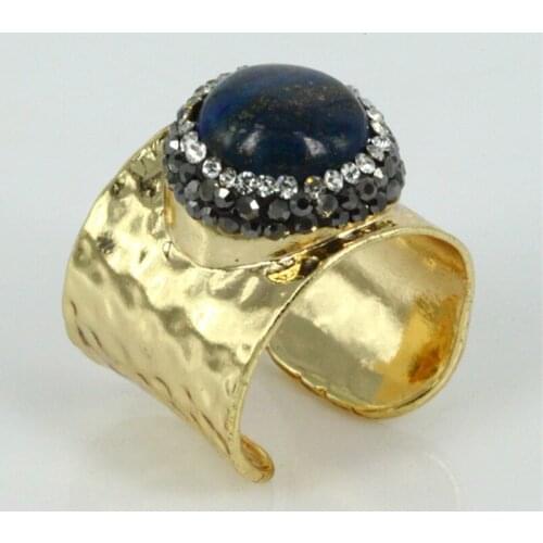 Rhinestone paved deep blue lapis lazuli stone bead charm wrapped adjustable wide open hammered gold ring cuff for woman man