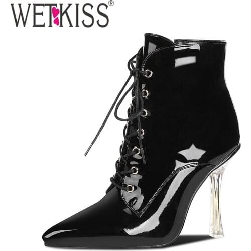 WETKISS Womens Patent Leather Lace Up Ankle Boots Stiletto High Heel Pointed Toe Booties Winter Boots For Women