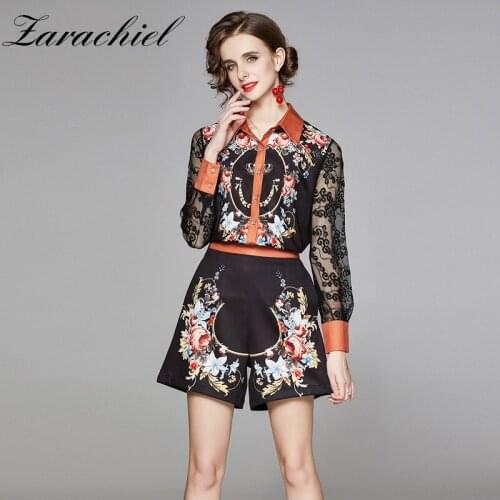 Autumn Fashion Runway Lace Lantern Sleeve Patchwork Shirts Shorts Suits Womens Floral Print Tops and Two Pieces Shorts Set