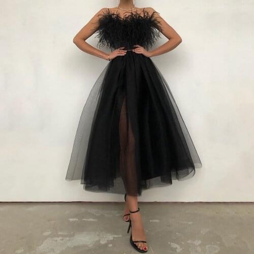 2021 Summer Trendy Women Off Shoulder Strapless Feather Detail Sheer Mesh Sleeveless Female Wedding Wear Robes Black Long Dress