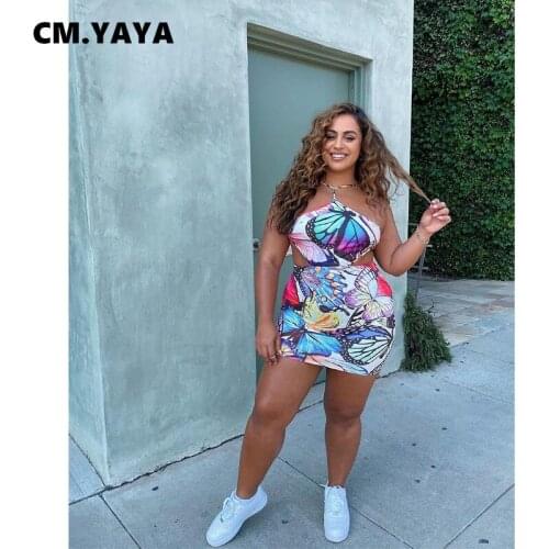 CM.YAYA Women Plus Size Dress Print Sleeveless Halter Hollow Out Backless Stretchy Dresses Sexy Vestidos Fashion Outfit Summer