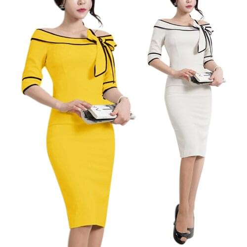 S-2XL women slash neck ress lady bow hlaft sleeve wrap hip pencil dress casual leisure office work formal dress