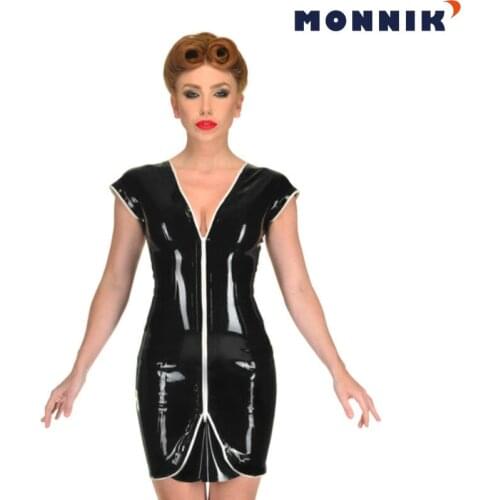 MONNIK latex sexy lingerie Sexy Latex Dress Black Rubber Summer Dress with Front Zipper Club Wear