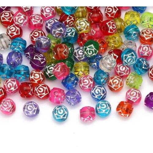 100pcs/lot Round Mixed Color Rose Flower Pattern Acrylic Spacer Beads 5x6mm Loose Beads For Jewelry Making DIY Accessories