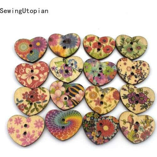 50PCS 25MM 2 Holes Mix Color Handmade Love Wooden Buttons Sewing Wood Button Scrapbooking DIY Apparel Accessories