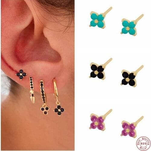 Aide 925 Sterling Silver Colorful Flower Shape Stud Earrings For Women Turquoise Rose Red Purple Black Zircon Ear Stud Jewelry