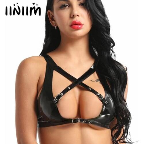 Womens Ladies Latex Clubwear Wetlook Lingerie Sexy Exotic Tanks Leather Bondage Wire-free Unlined Bra Top with Buckle Straps