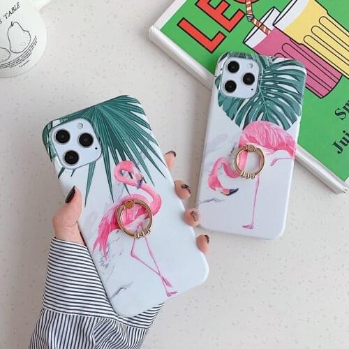 Vintage Banana Leaf Flamingo Phone Case For iPhone 12 11 Pro Max XR XS Max 7 8 Plus X Matte Soft IMD Finger Ring Marble Cover