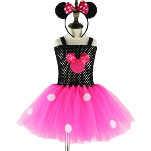 Hot Pink Dot Bow Girls Minnie Dresses Birthday Party Dress Minnie Halloween Costume Children Baby Girls Tutu Dress Vestidos XX02