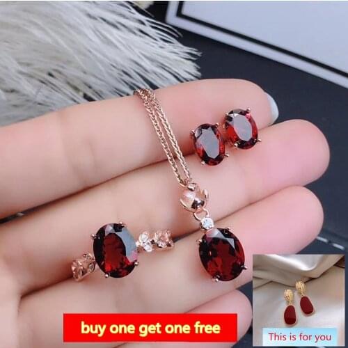 KJJEAXCMY boutique jewelry 925 sterling silver inlaid Natural Garnet Ring Earring Necklace Set Support Test