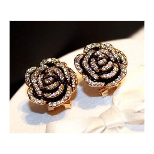 Korean trendy bling flower camellia crystal stud earring for women party gift jewelry