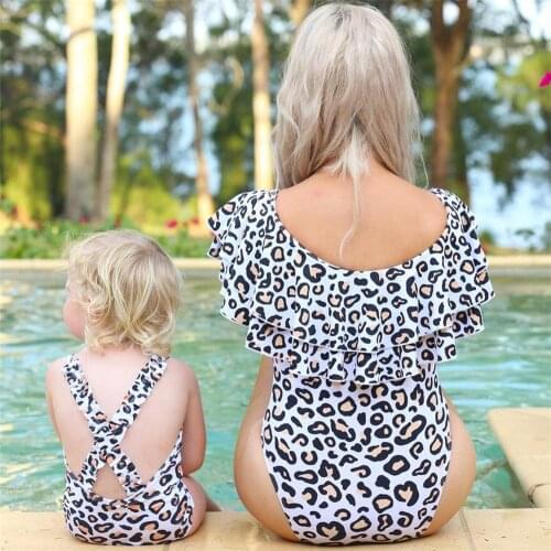 Summer Leopard Print Mother and Daughter Swimwear Family Matching Look Bath Outfits Holiday Beach Bikini Mom Girl Kids Swimsuit