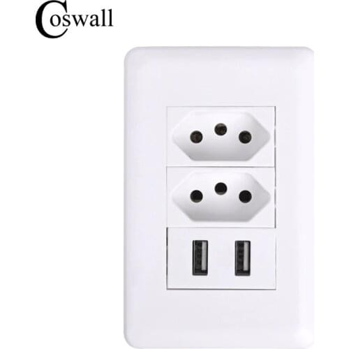 Coswall Wall Power Brazil Socket 15A Brasil Standard Double Soquete 5V 2100mA Dual USB Charger Port 115mm*75mm AC 110~250V