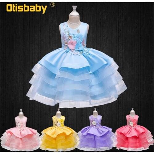 New Elegant Girls Flowers Wedding Party Ceremony Dresses Kids Mesh Ruffle Ball Gown Infant Baby Girl Prom Dress for 1 - 8 Years